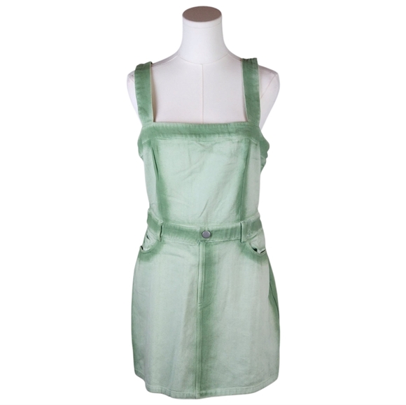LELIS Green Denim Overall Mini Dress Sz L Square Neck Vintage Wash Streetwear - Picture 1 of 8